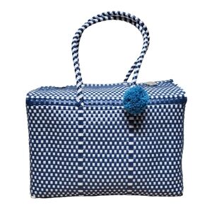 Blue and White Woven Picnic Basket Travel Tote Beach Bag